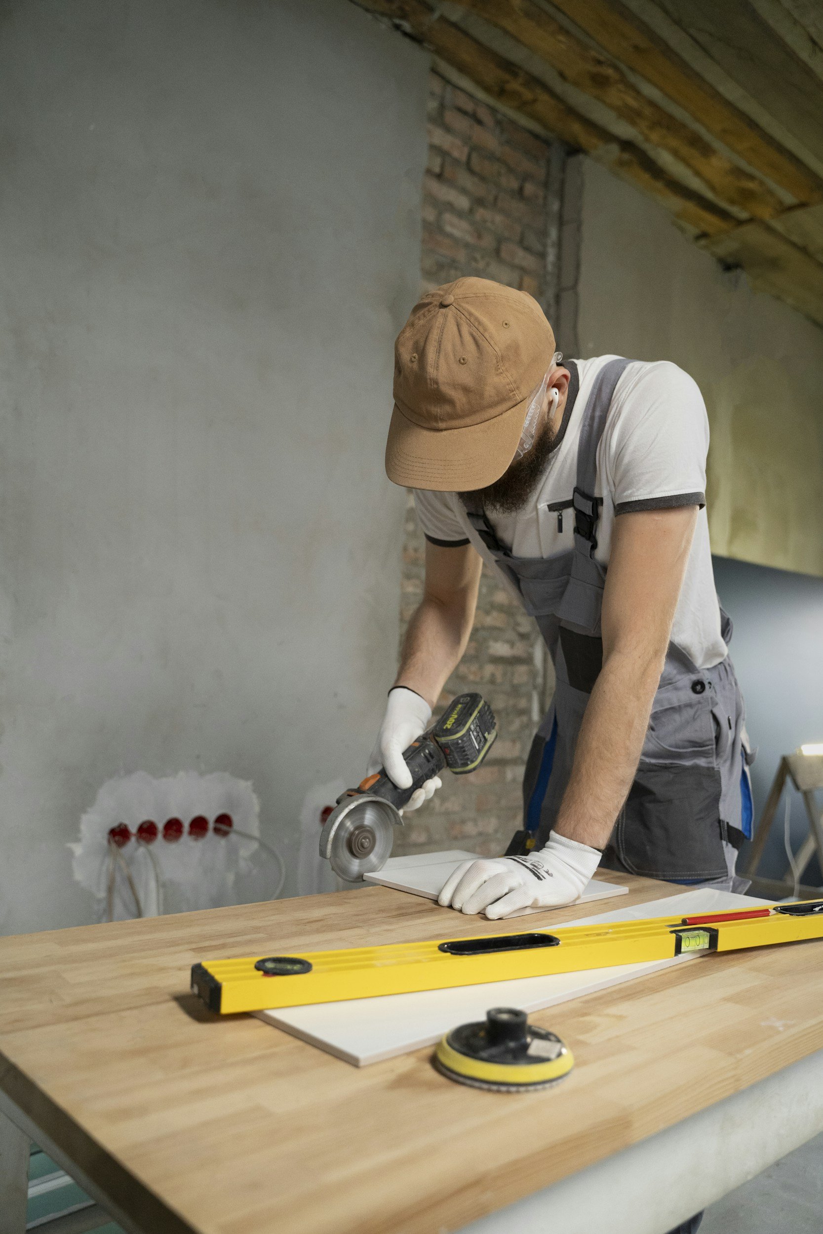 A man working with a power tool on a wooden surface in a construction or renovation site.