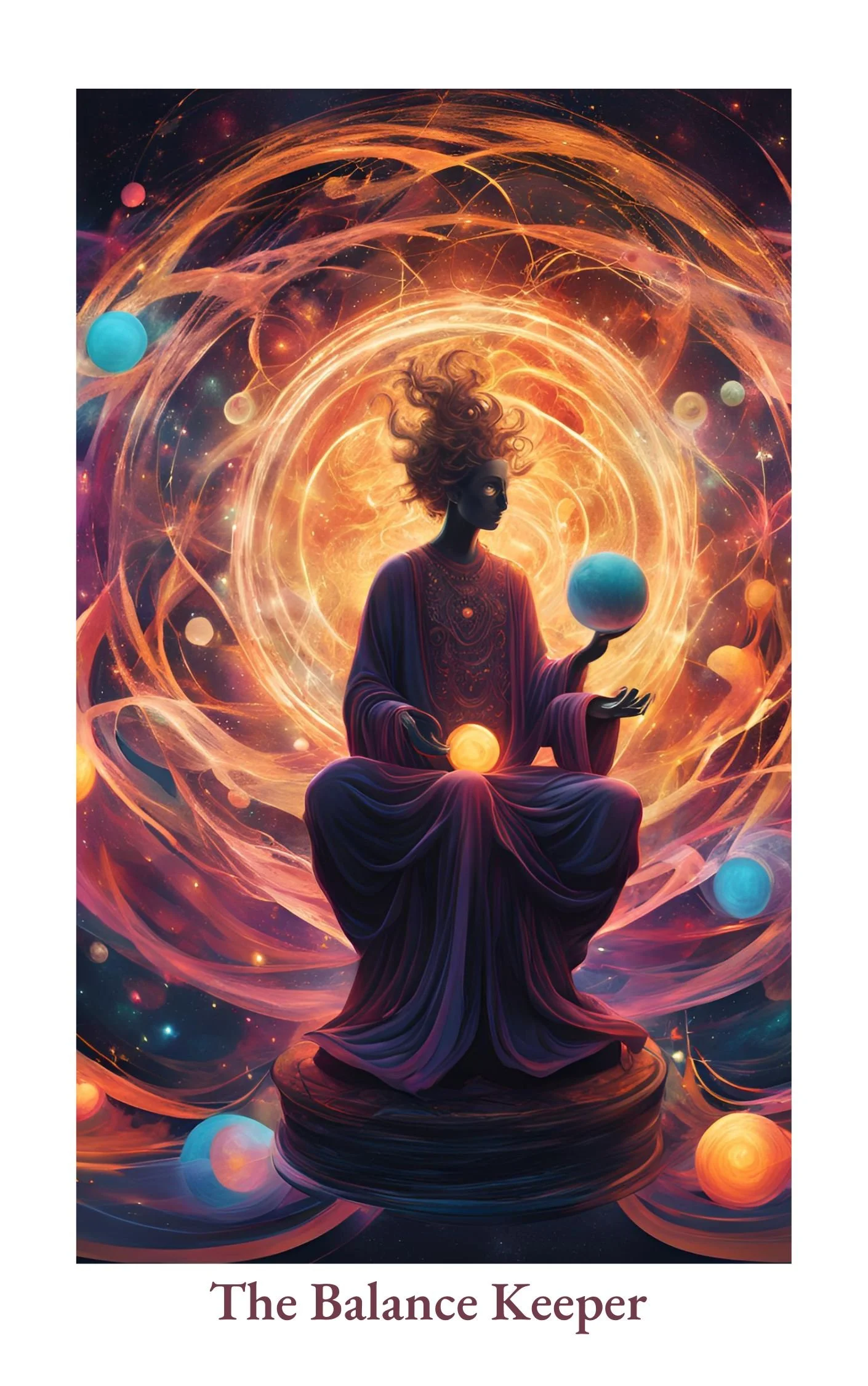Digital artwork titled 'The Balance Keeper' depicting a mystical figure with flowing hair, sitting on a rounded base, surrounded by swirling cosmic elements and floating orbs, holding a small glowing sphere and balancing a blue planet.