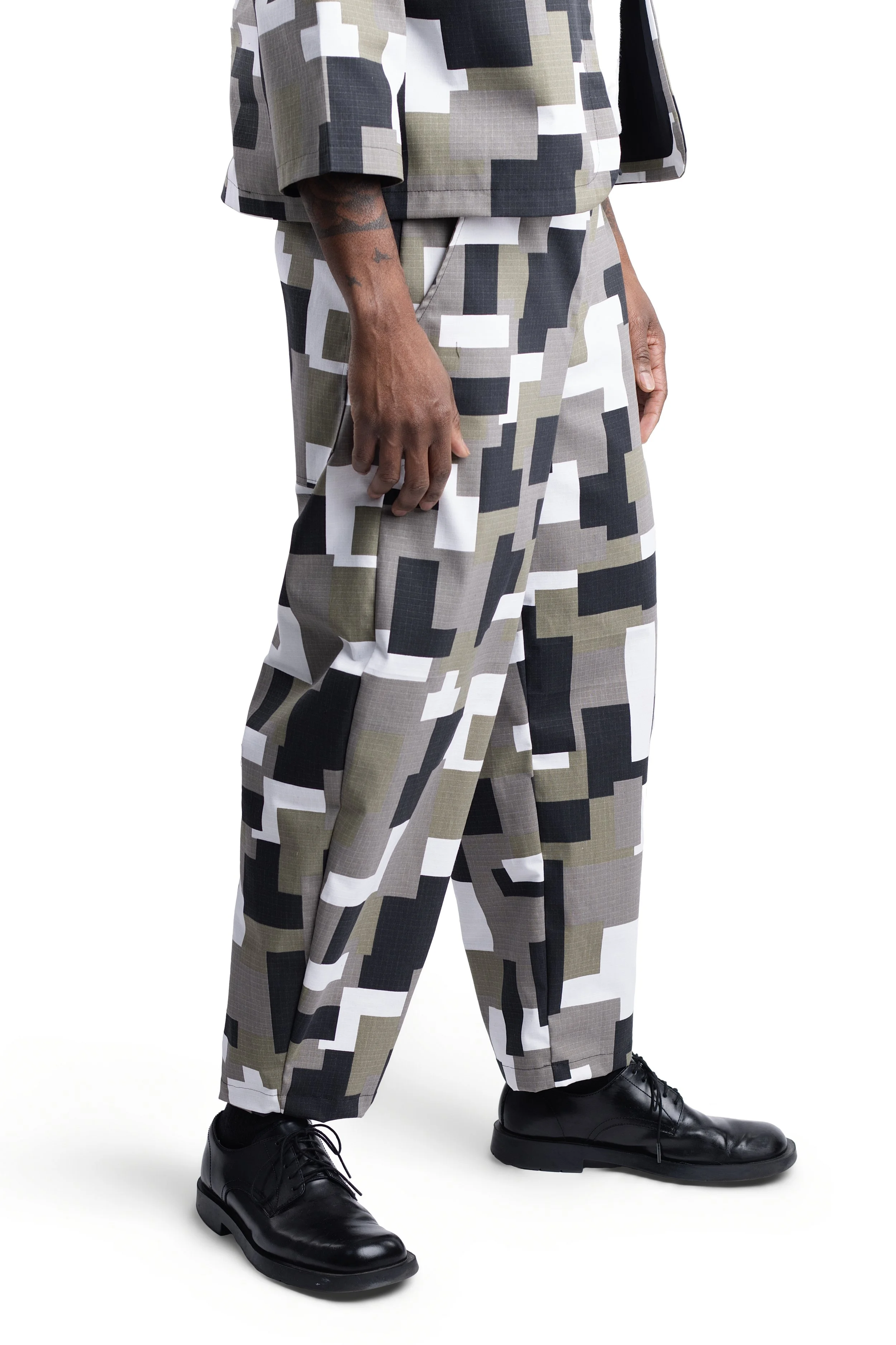 Geometric Black Olive and White Cotton Pants