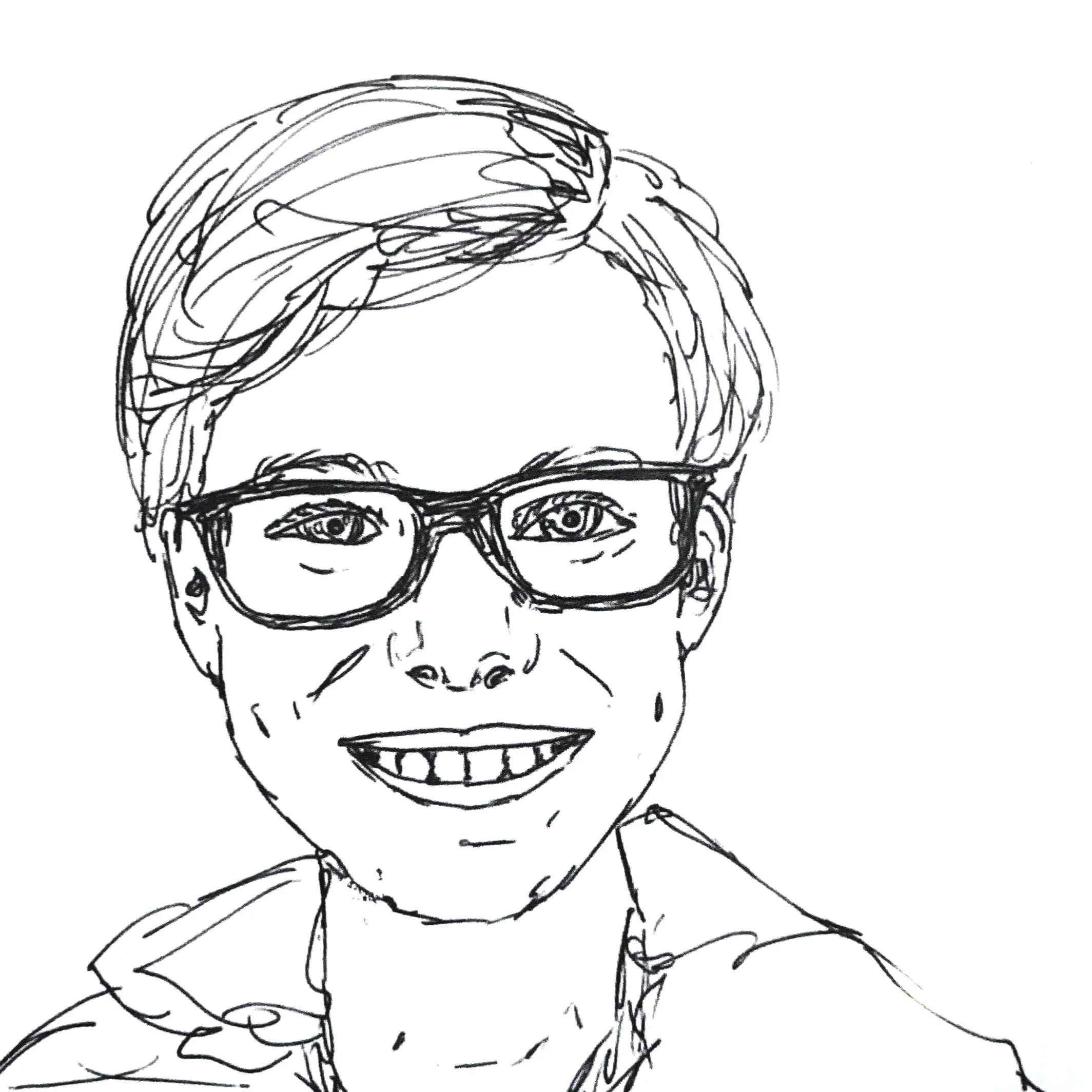 pen line-sketch of a young boy wearing glasses and smiling