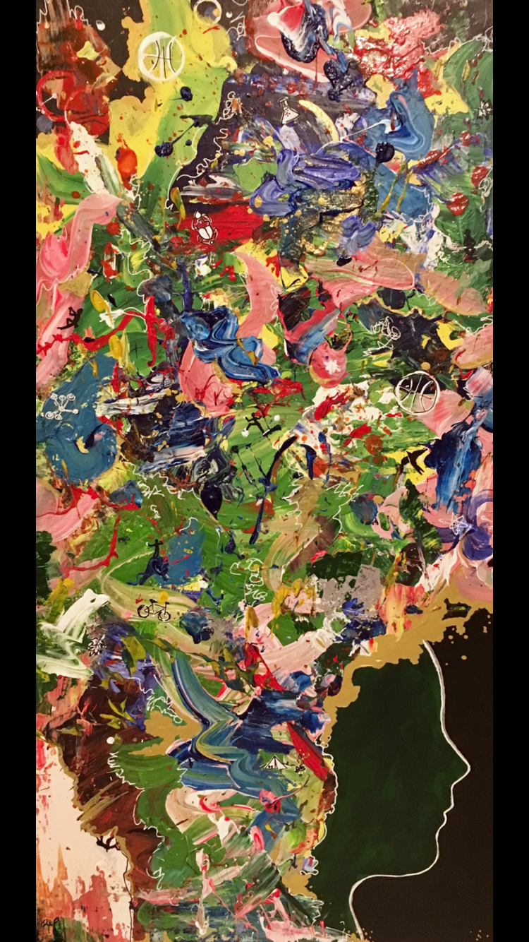 abstract colorful painting, profile view of a person with color and imagery exploding from their hair like an over-exciting imagination