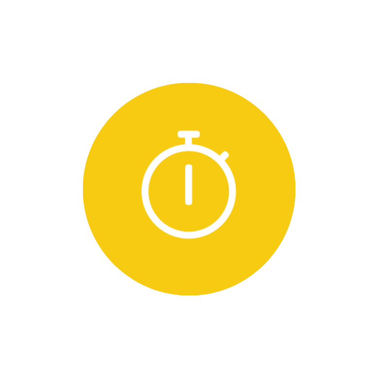 Yellow circular icon with a white stopwatch symbol in the center.