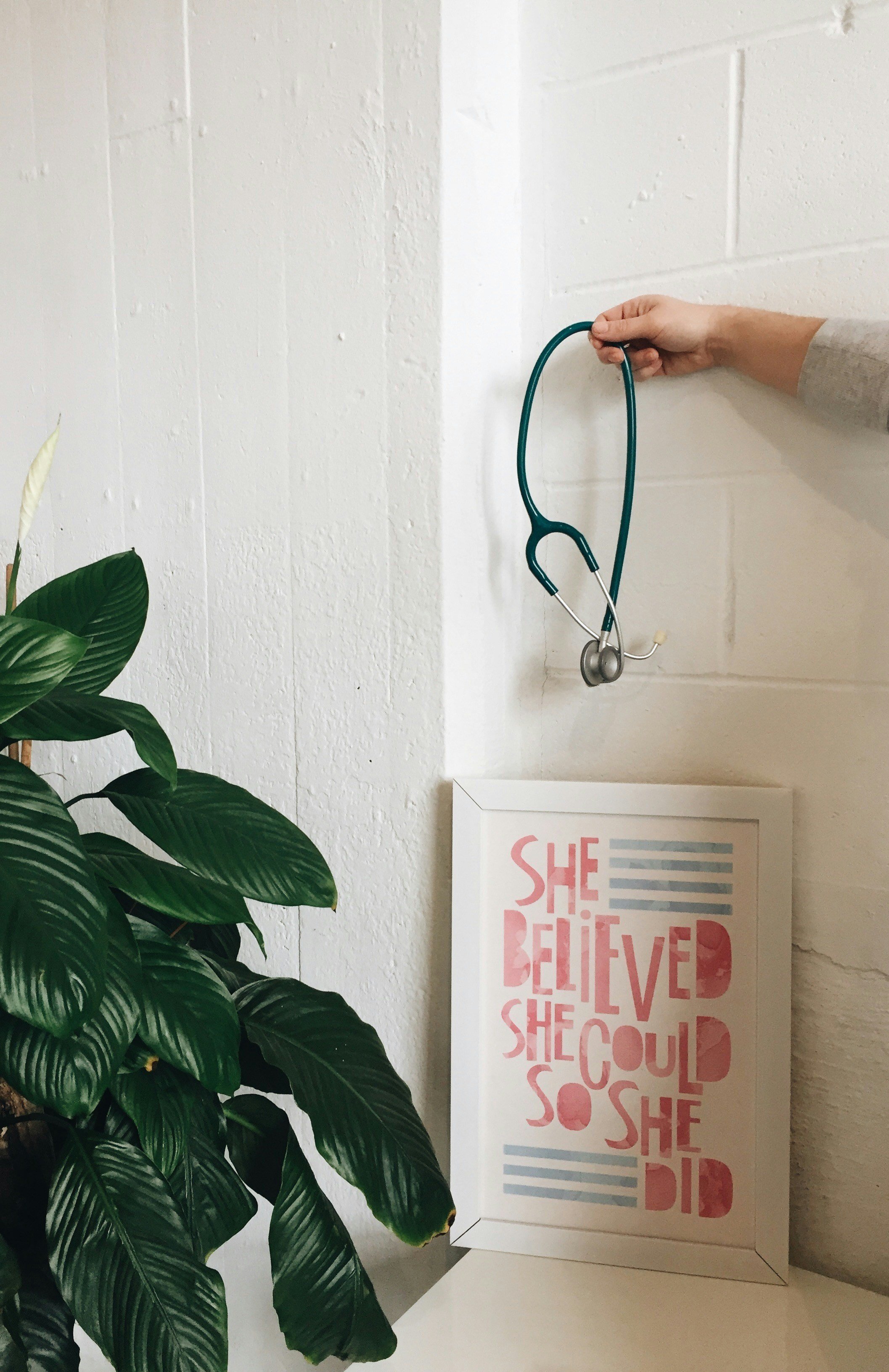 A hand holding a green stethoscope against a white wall. In the foreground, there is a large green plant with broad leaves. Below, there is a framed poster that reads 'SHE BELIEVED SHE COULD' repeated multiple times with a pink and blue color scheme.