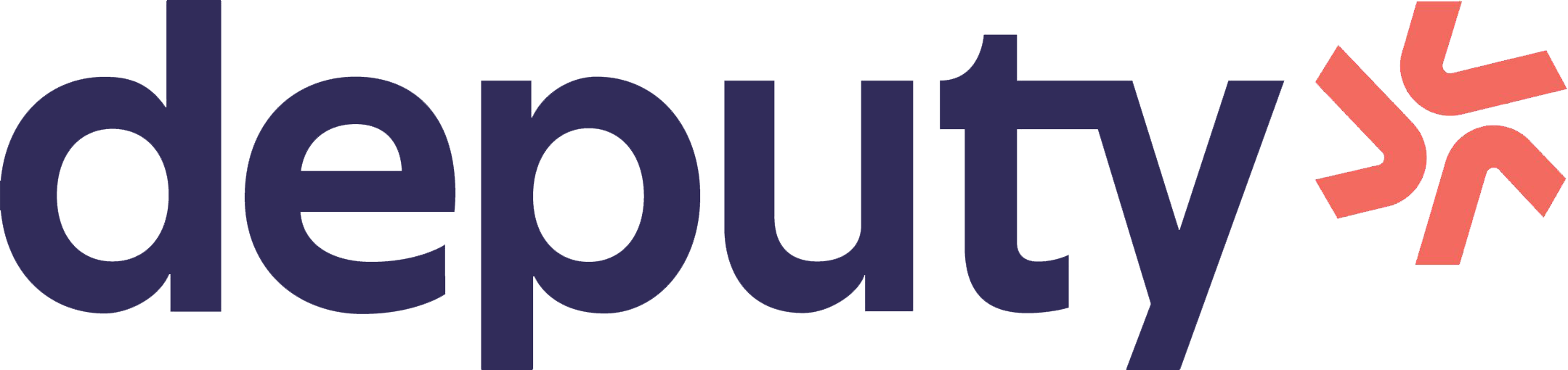 The image contains the word 'deputy' in bold navy blue letters, with a pink abstract symbol to the right of the text.