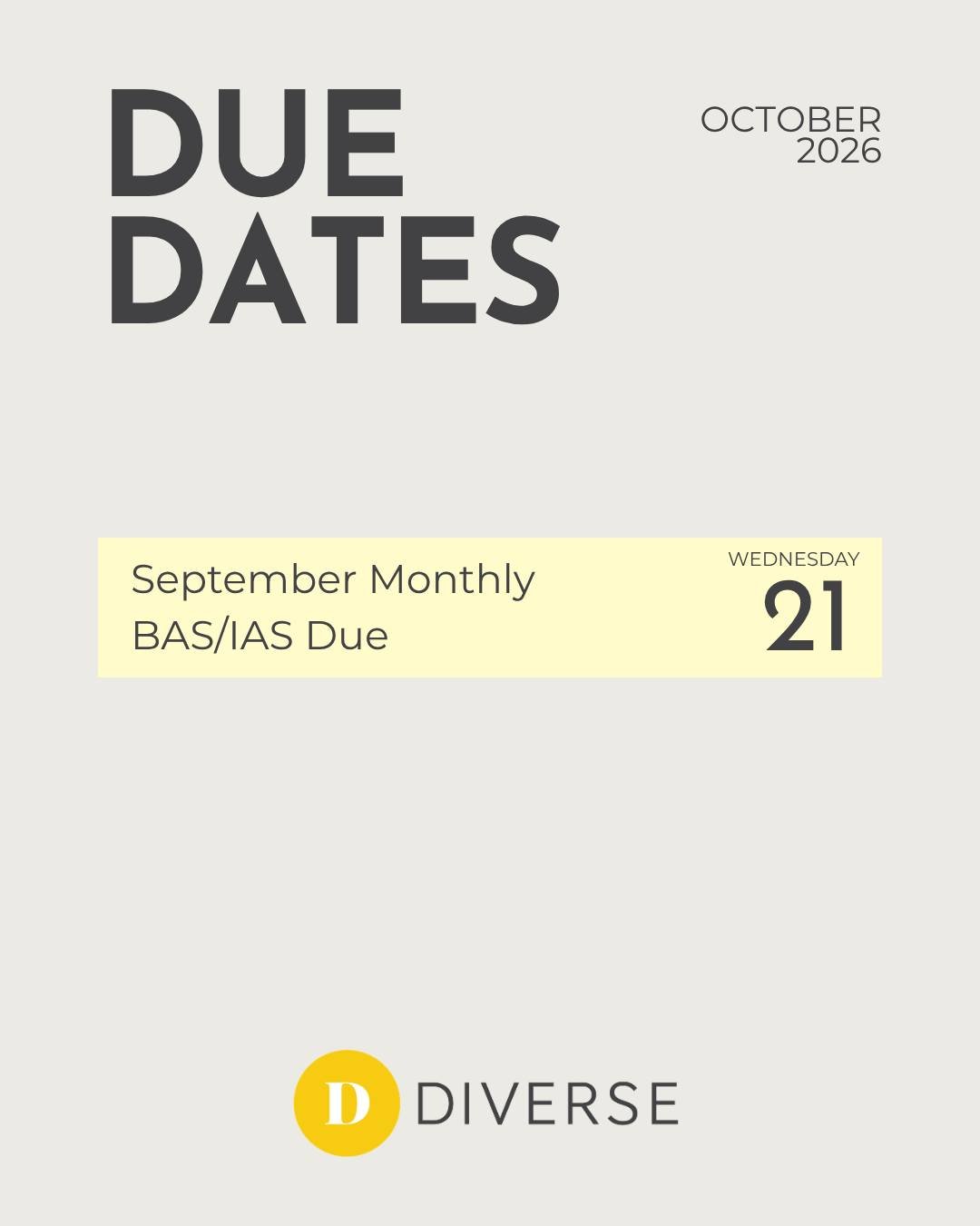 Monthly BAS/IAS due 21 October. One less thing to think about if you're already on top of it.