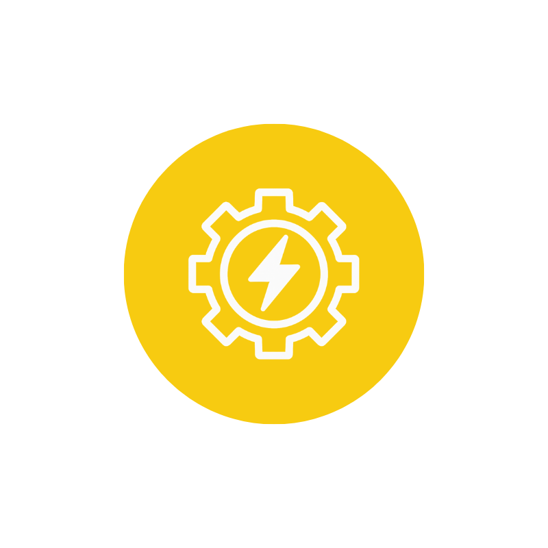 Yellow circular icon with a white gear and lightning bolt symbol inside