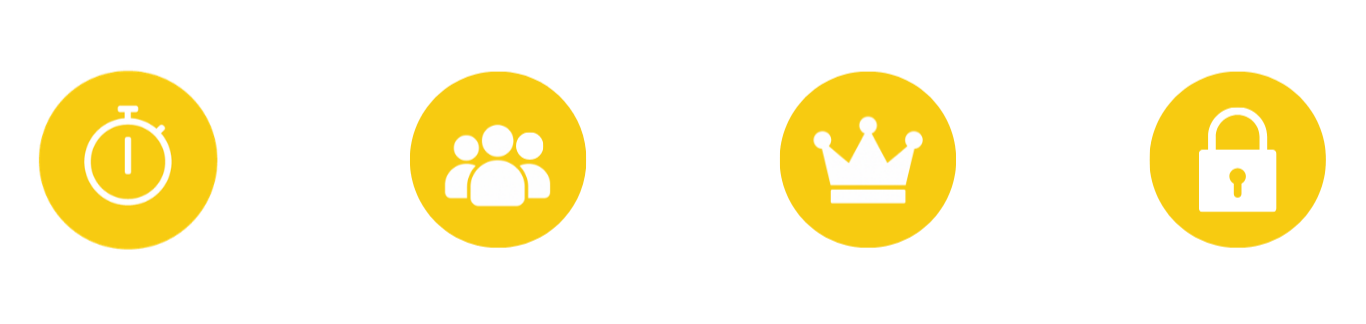 A horizontal infographic showing a process with four steps: a stopwatch, three people icon, a crown, and a padlock, connected by a white line, on a black background.