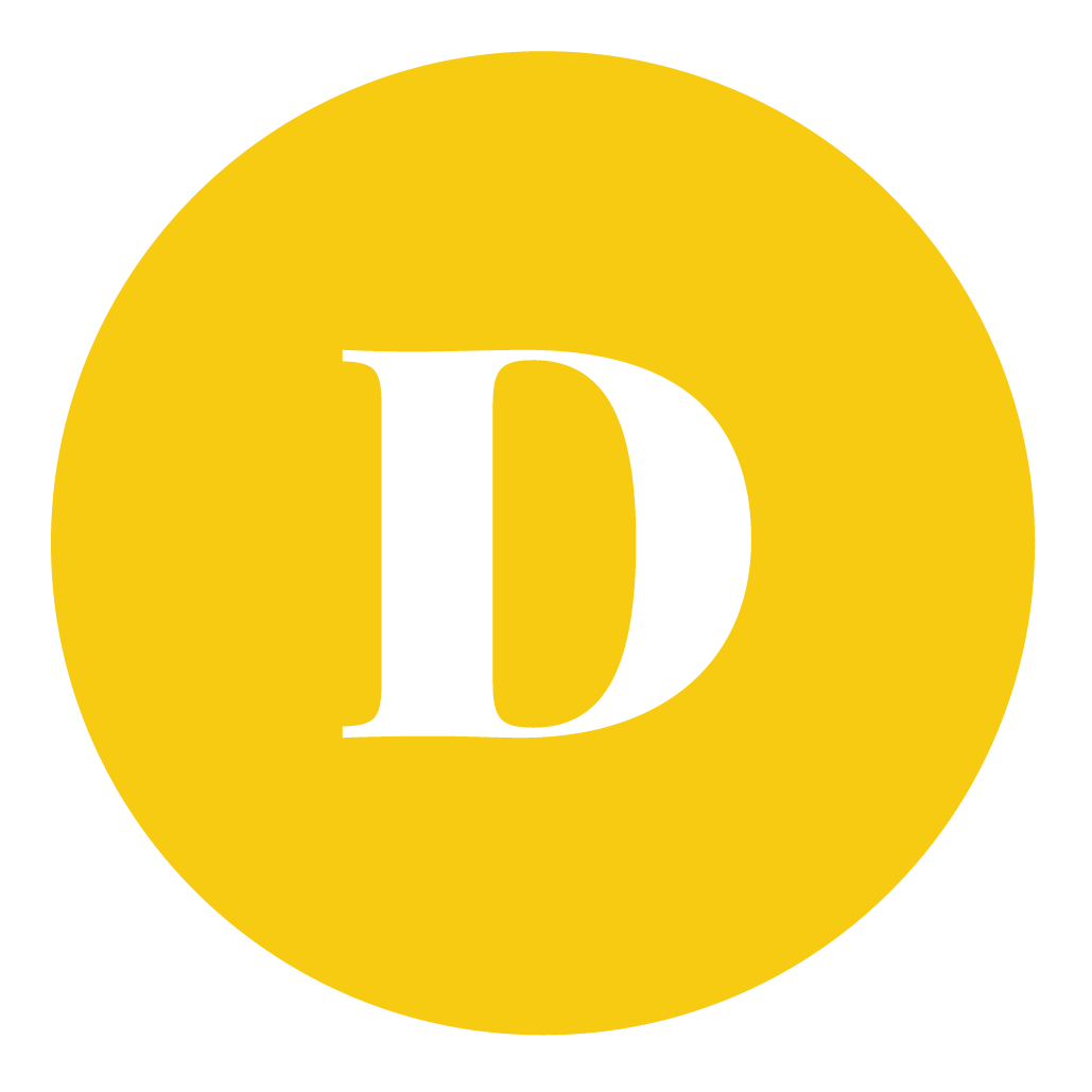 A yellow circular logo with a large white letter D centered within it.