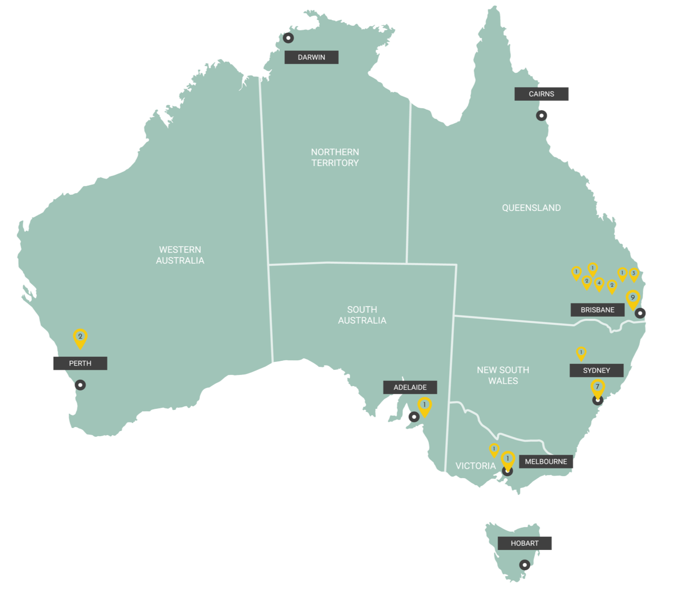 Map of Australia with states labeled and major cities marked with yellow pins and numbers.