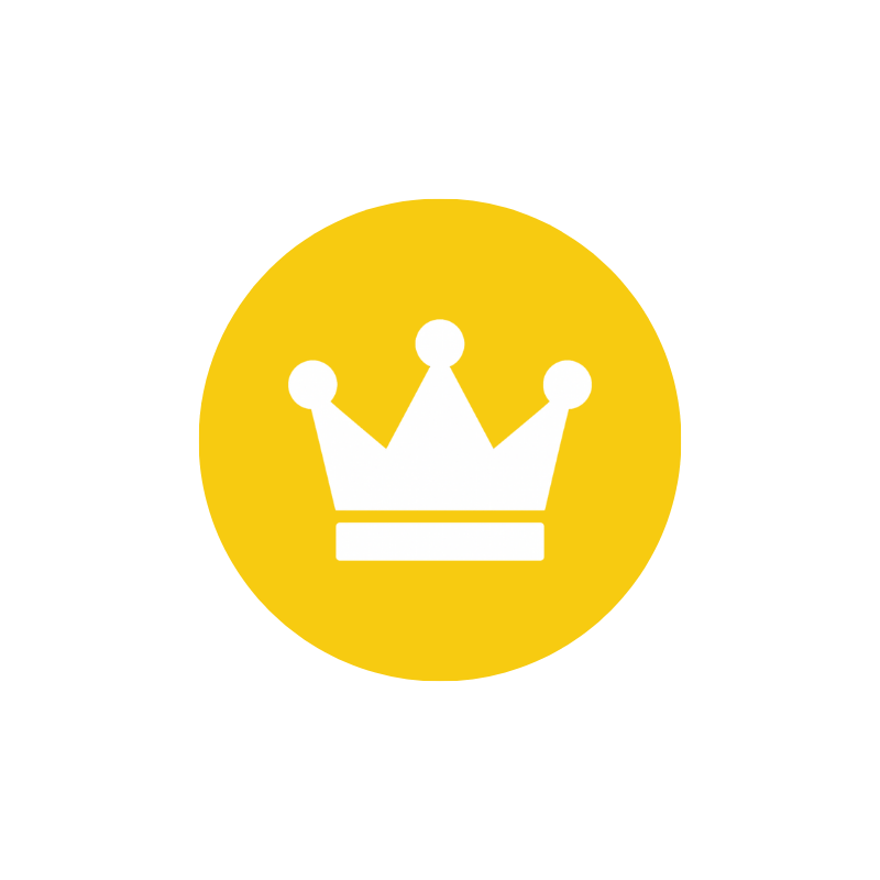 White crown icon inside a yellow circle with black background.