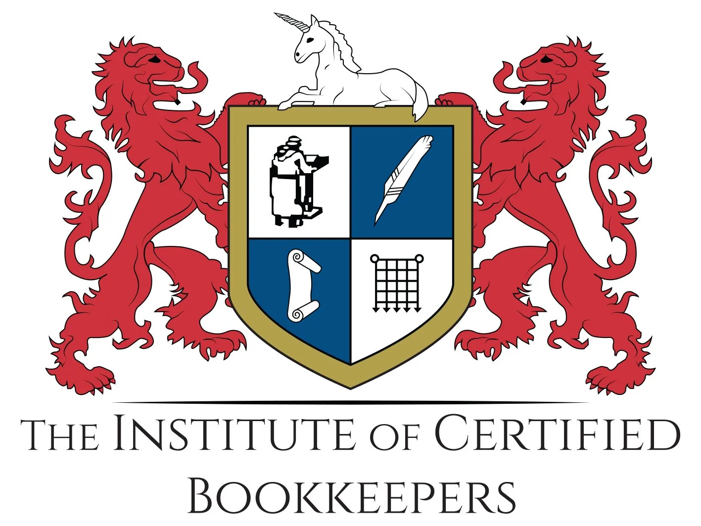 A coat of arms with two red lions on either side, a unicorn on top, and a shield divided into four sections containing a camera, a feather pen, a scroll, and a grid, with the text "The Institute of Certified Bookkeepers" below.