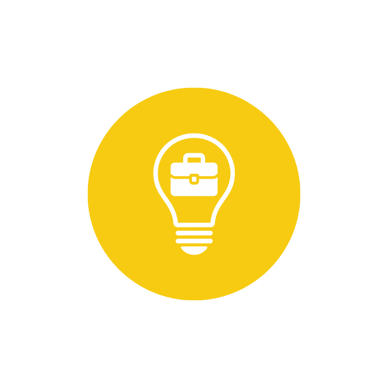 Yellow circle with white lightbulb icon containing a briefcase inside.