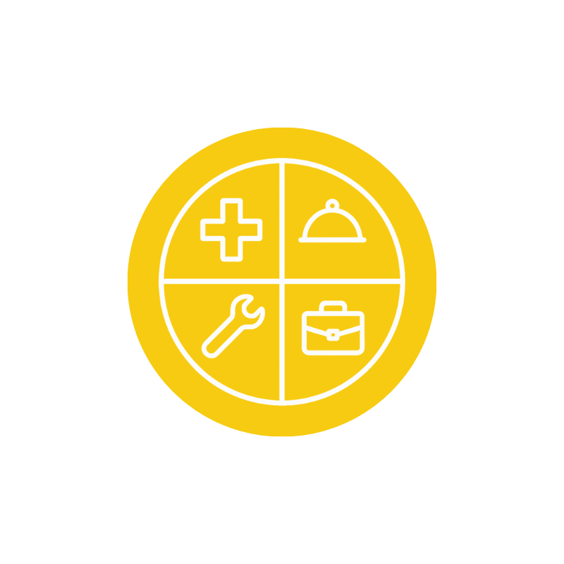 Icon depicting health, maintenance, tools, and business in a yellow circle.