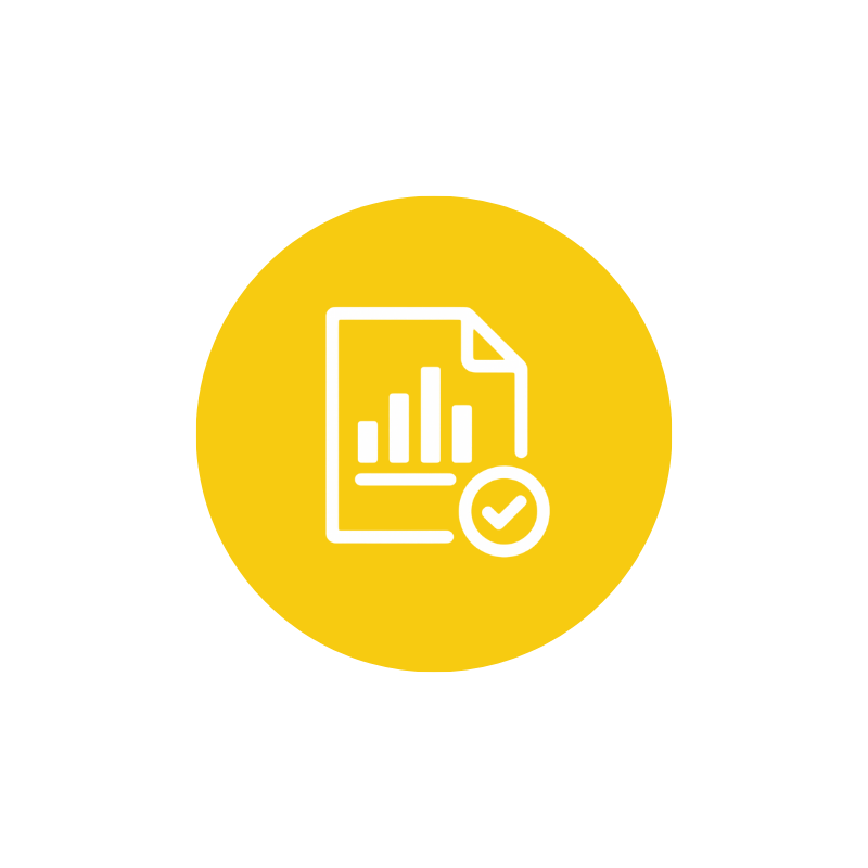 Yellow circular icon with a white document displaying a bar chart and a checkmark.