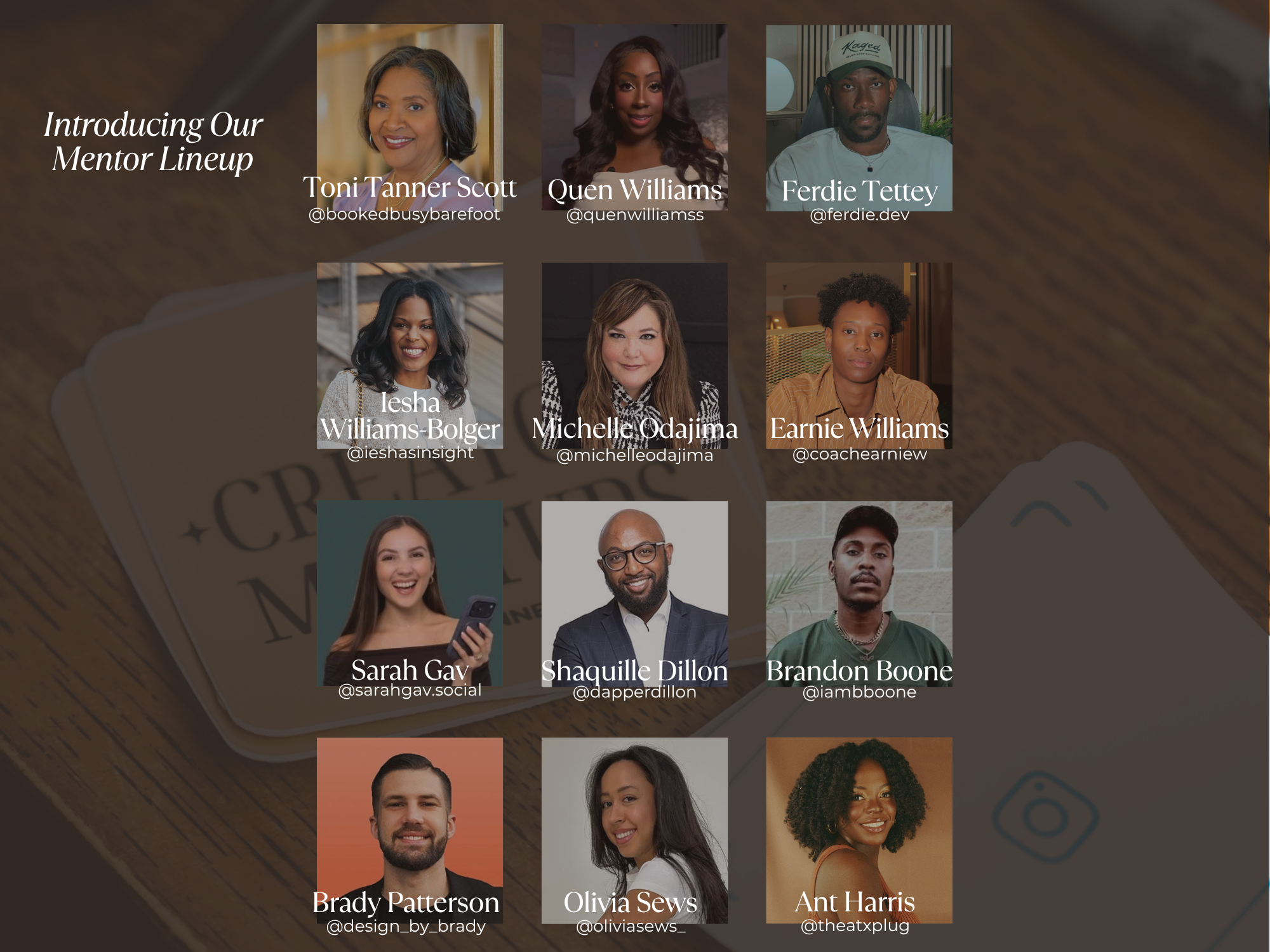 12 portraits arranged in three columns and four rows.  The portraits consist of men and women who will be in an upcoming event as mentors.