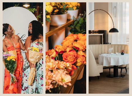 Three photos grouped together into a single image: two women in floral dresses holding bouquets and smiling at eachother; a close up photo of orange flowers; a view of a dining table at a rounded booth seat in a fancy restaurant