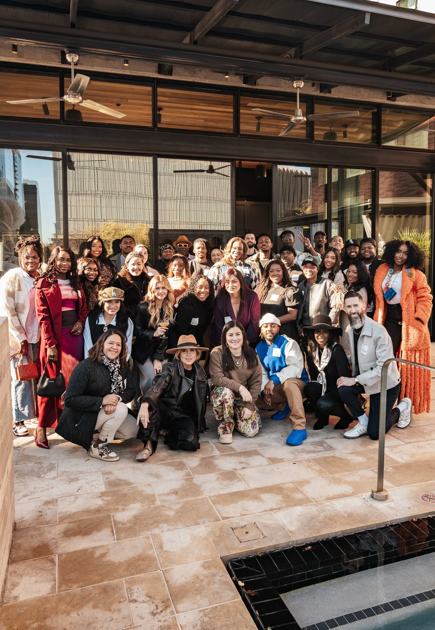 group of friends on a rooftop in Austin Texas in January