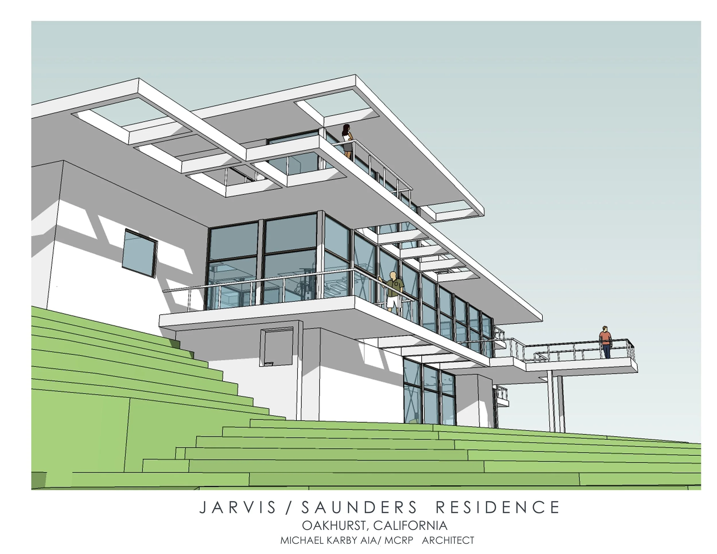 Architectural rendering of the Jarvis / Saunders Residence in Oakhurst, California, designed by architect Michael Karby, featuring a modern multi-level house with large glass windows and outdoor balconies on a hillside with terraced green landscaping.