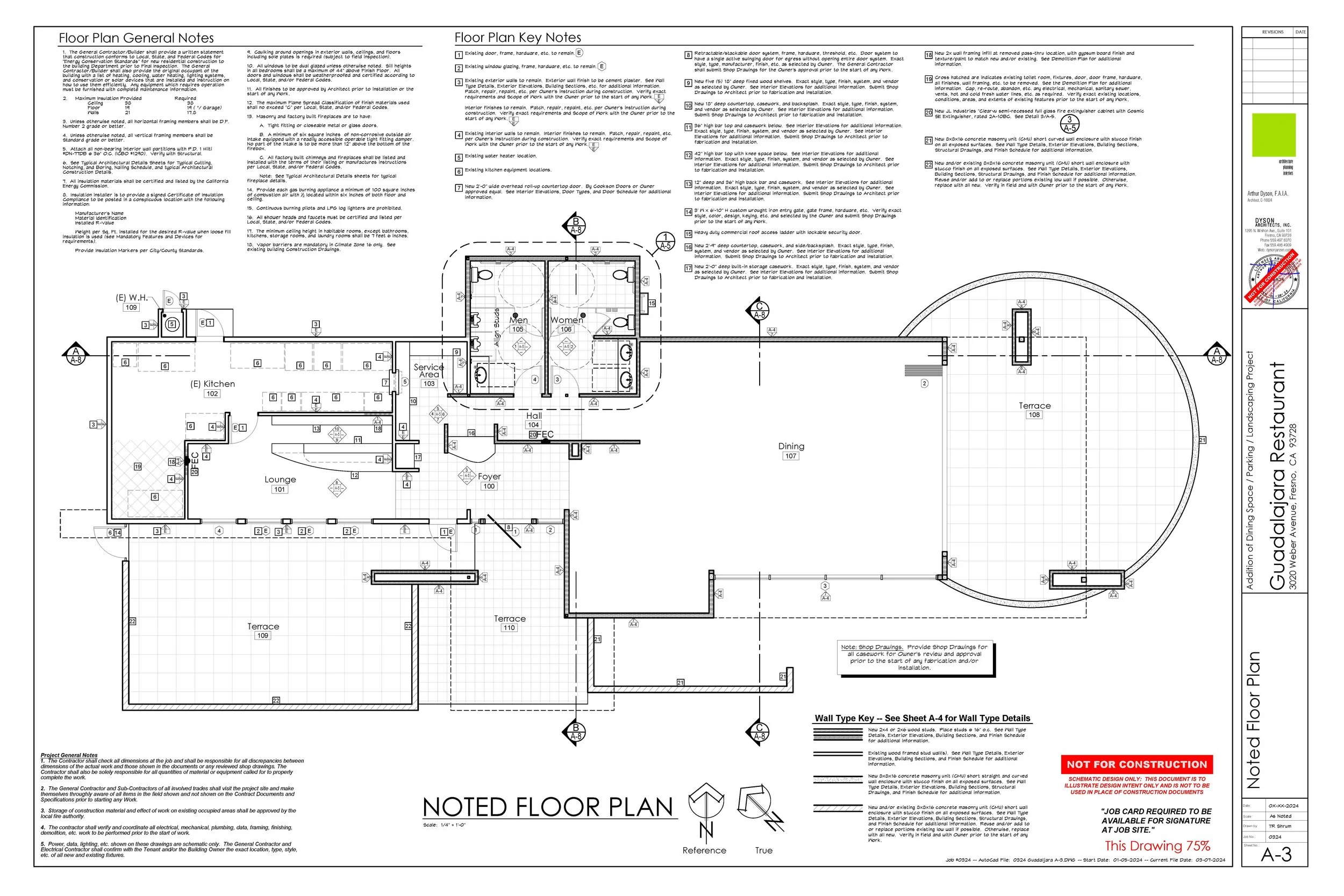 Architectural floor plan for Guadalajara Restaurant, showing layout of rooms, terraces, and keynotes for construction.