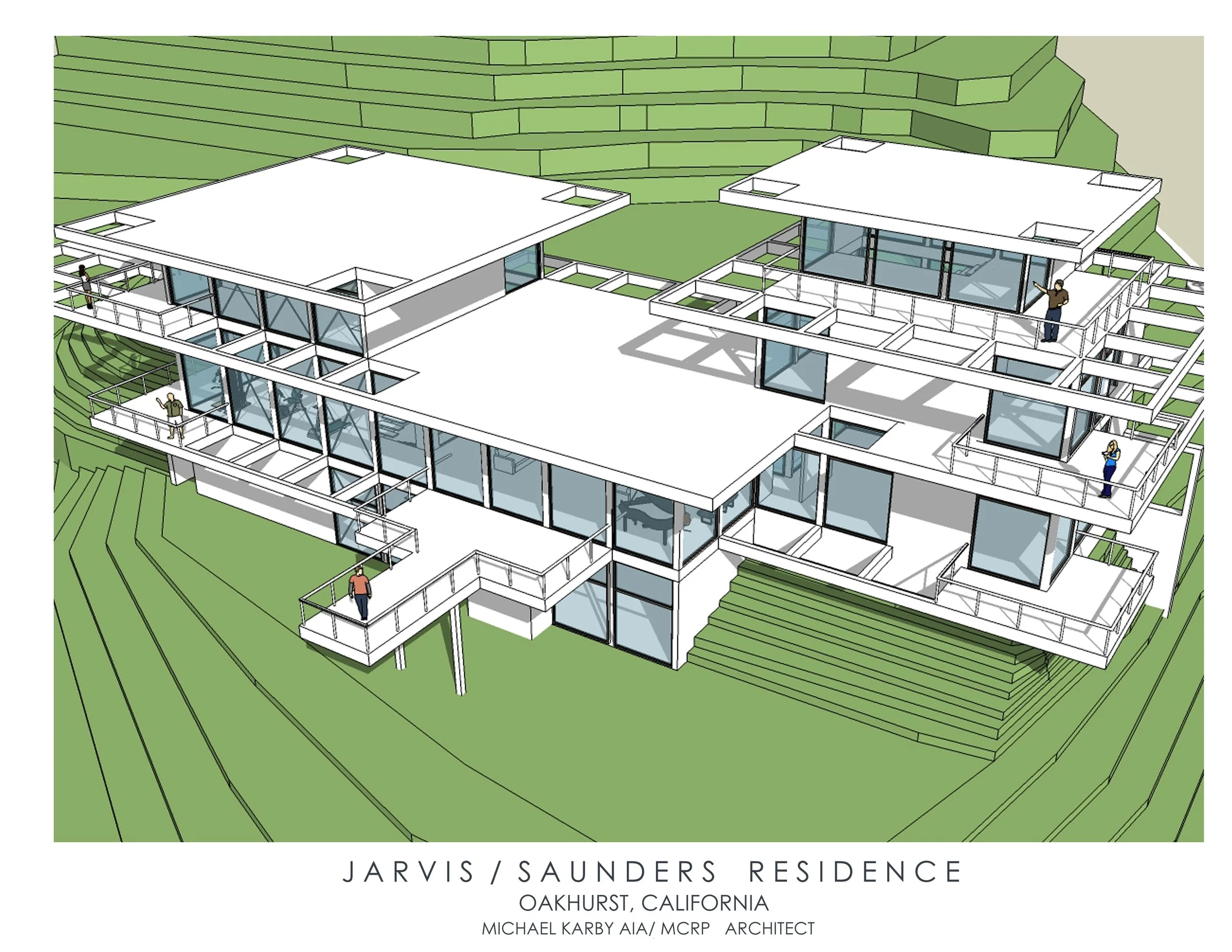 Architectural rendering of a modern multi-level residence with large glass windows, multiple terraces, and surrounded by green landscape in Oakhurst, California.