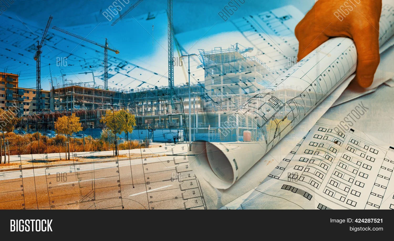 Construction site with cranes and building framework, overlaid with architectural blueprints and a person's hand flipping through the plans.