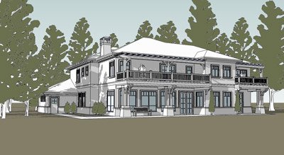 Large modern house with multiple levels, balconies, and a flat roof, surrounded by trees.