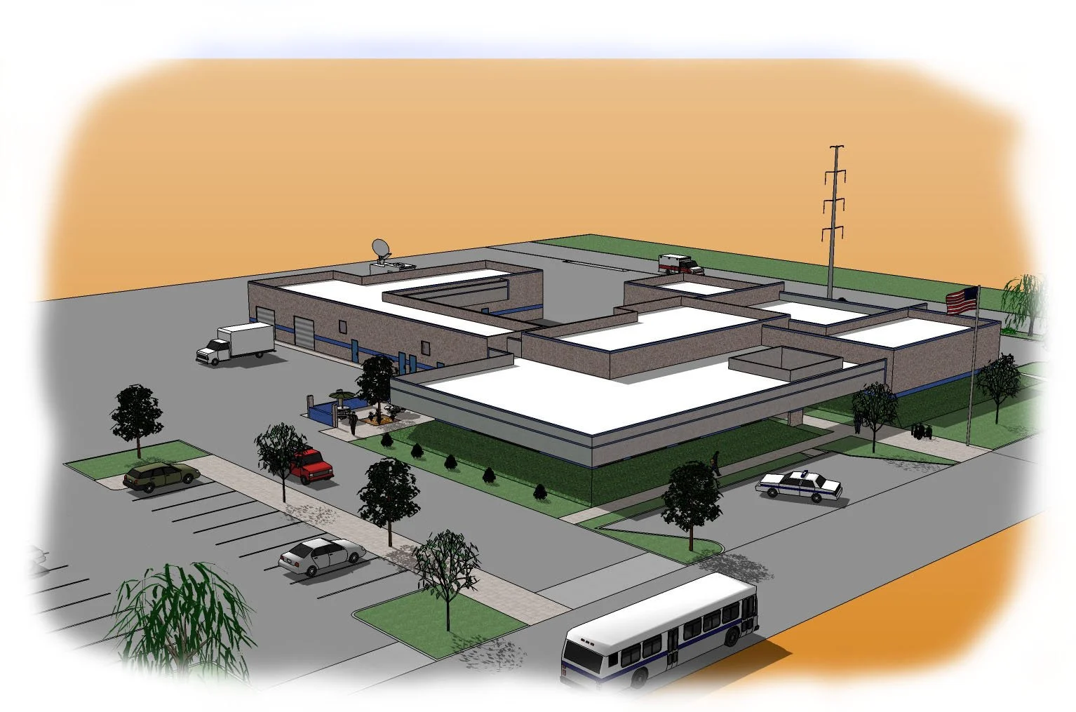 A 3D model of a school building with parking lot, trees, and American flags.