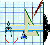 Drawing of a protractor, compass, ruler, and pencil on graph paper