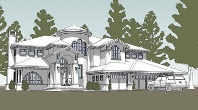 Line drawing of a large, ornate house with multiple arches and tall, curved windows, surrounded by tall trees.