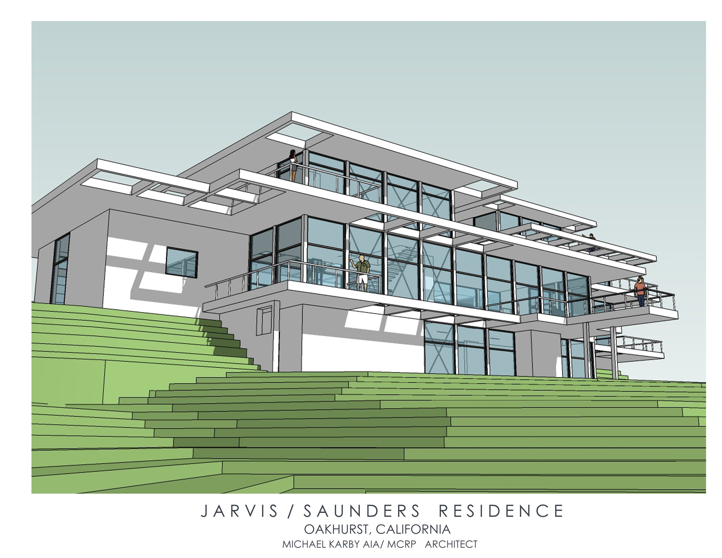 Architectural drawing of the Jarvis/Saunders Residence in Oakhurst, California, designed by Michael Karby, showing a modern multi-story house with large glass windows and multiple balconies overlooking a green hillside.