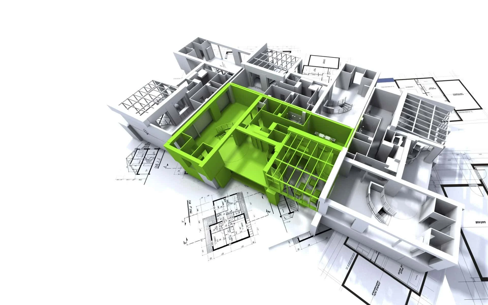3D floor plan model of a building highlighting a specific section in green, with architectural blueprints underneath.