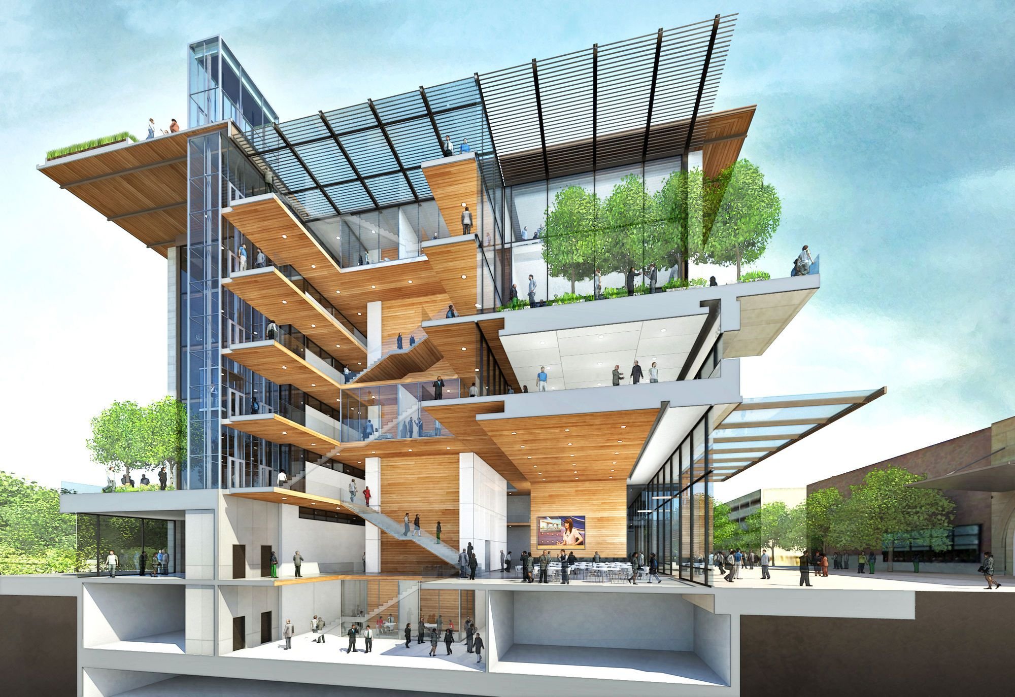 Architectural rendering of a modern multi-story building with glass walls, wooden accents, outdoor terraces, and trees, showing people walking and socializing inside and outside.