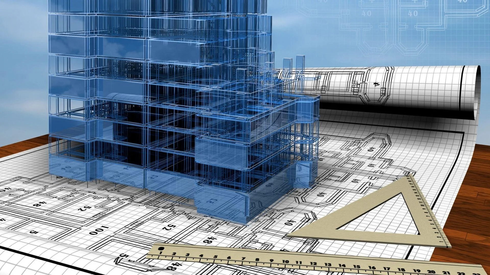 A digital 3D rendering of a building blueprint with a blue wireframe model of a multi-story building on top, set on architectural blueprints with a wooden surface and drawing tools in the background.