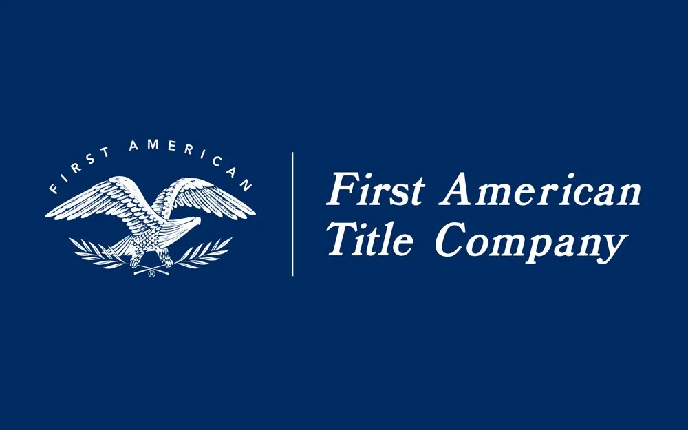 Blue background with a logo of an eagle clutching arrows and olive branch, and the text "First American Title Company" beside it.