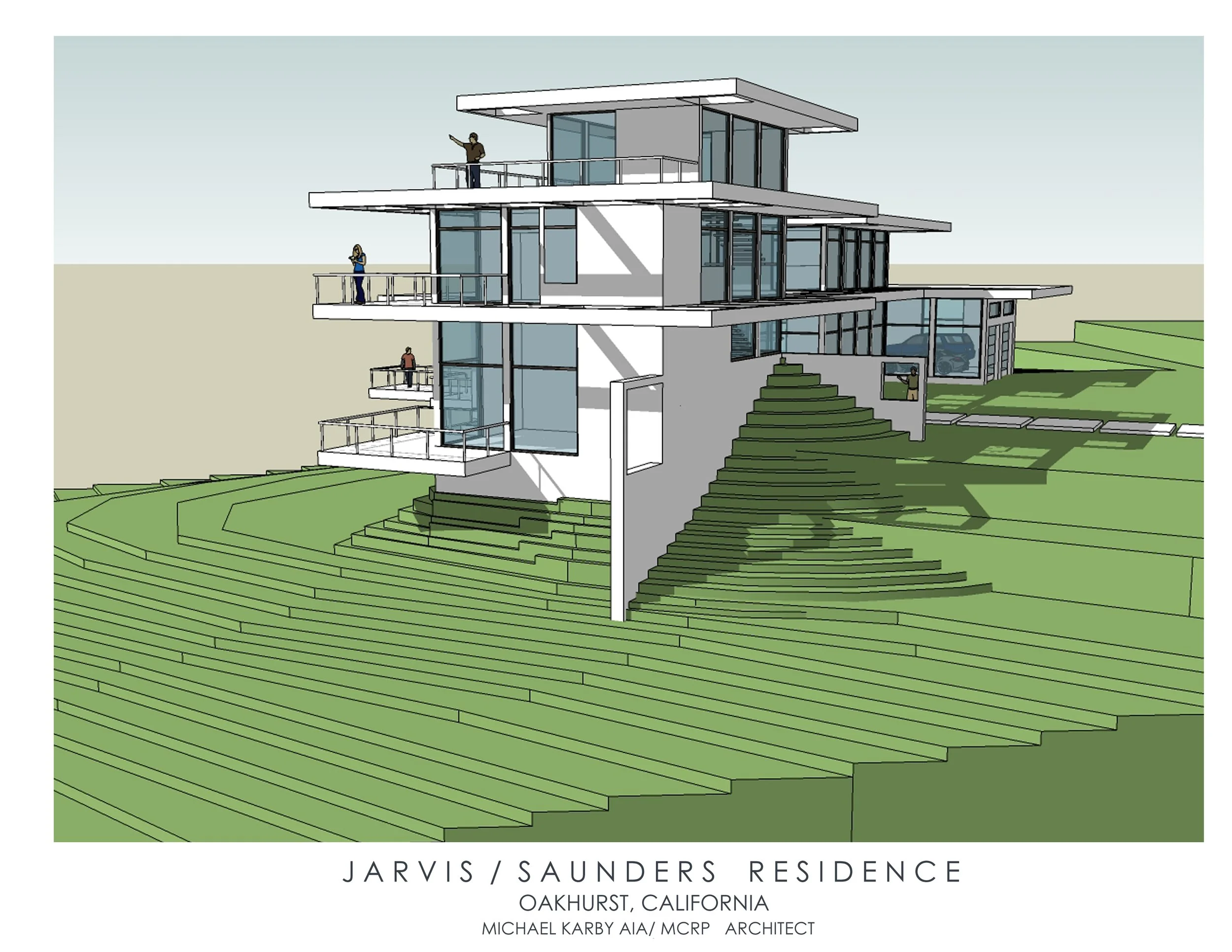 Architectural rendering of the Jarvis/Saunders Residence in Oakhurst, California, designed by Michael Karby. Modern multi-story house with extensive glass windows and multiple outdoor terraces, situated on a hillside with terraced green landscaping.