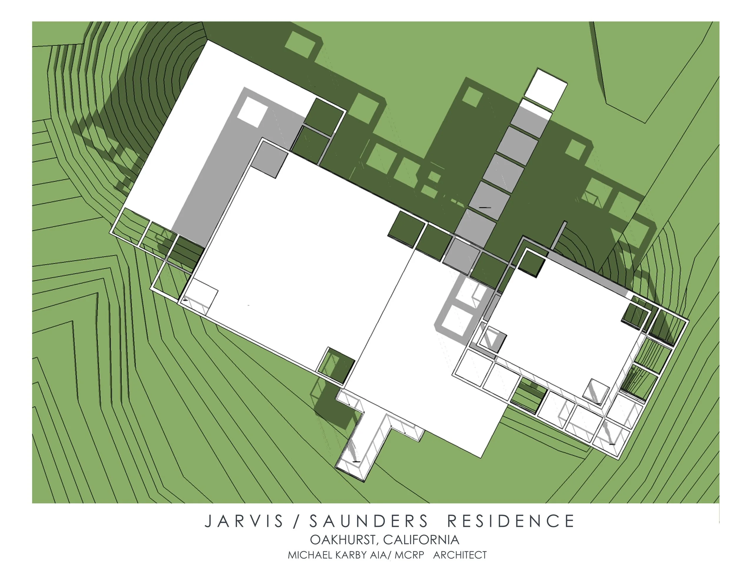 Architectural site plan of Jarvis/Saunders Residence in Oakhurst, California, showcasing building layout, landscaping, and topography with contour lines.
