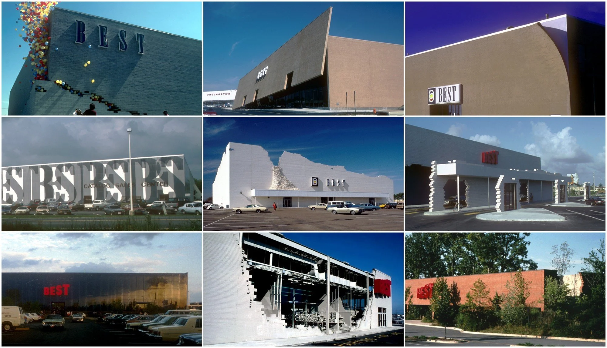 Collage of nine images showing different buildings with the word 'Best' on them, including shopping malls and retail stores, with various architectural styles and parking lots.