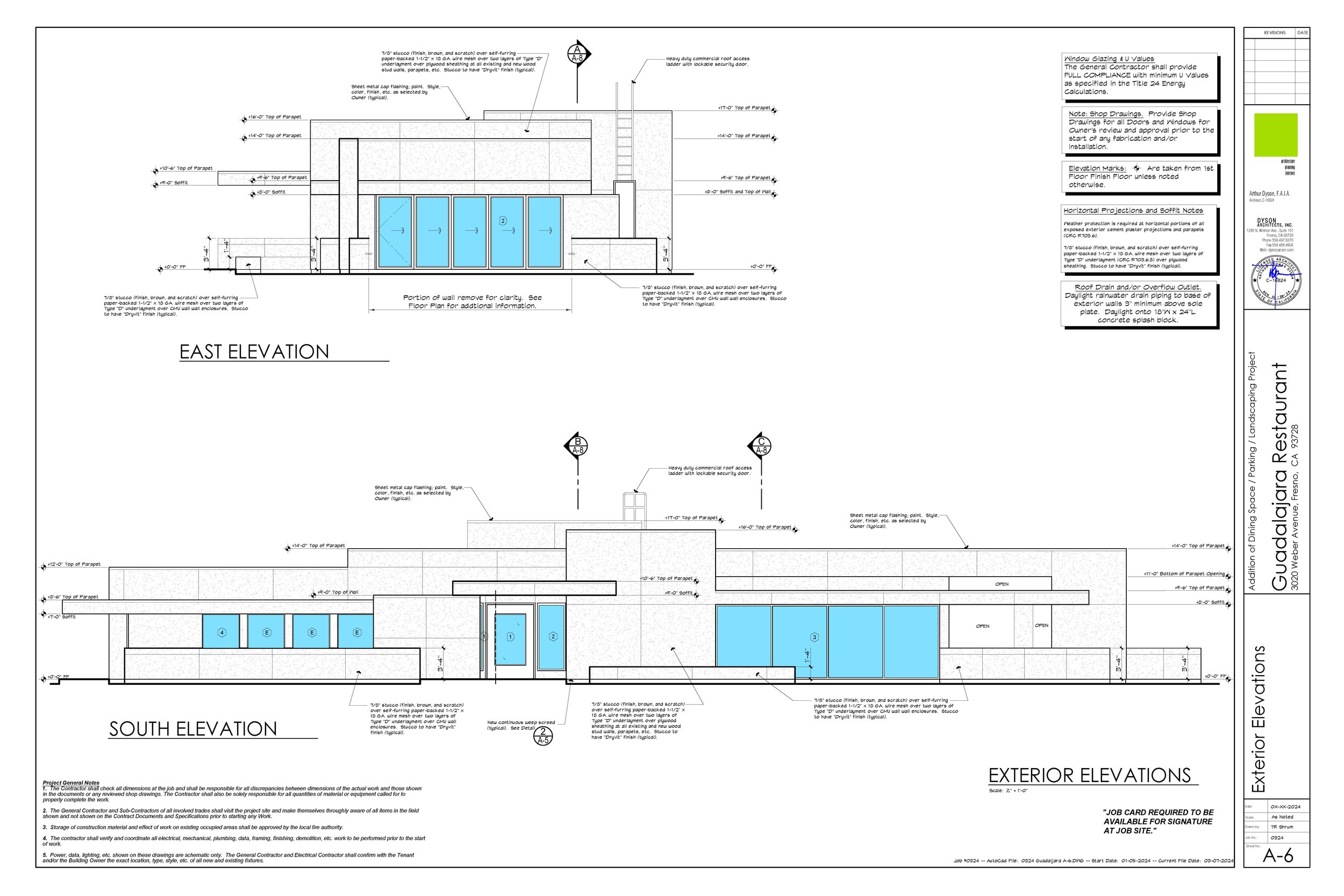 Architectural drawings of the exterior elevations of a restaurant, showing the east and south views with door and window placements, dimensions, and construction notes.
