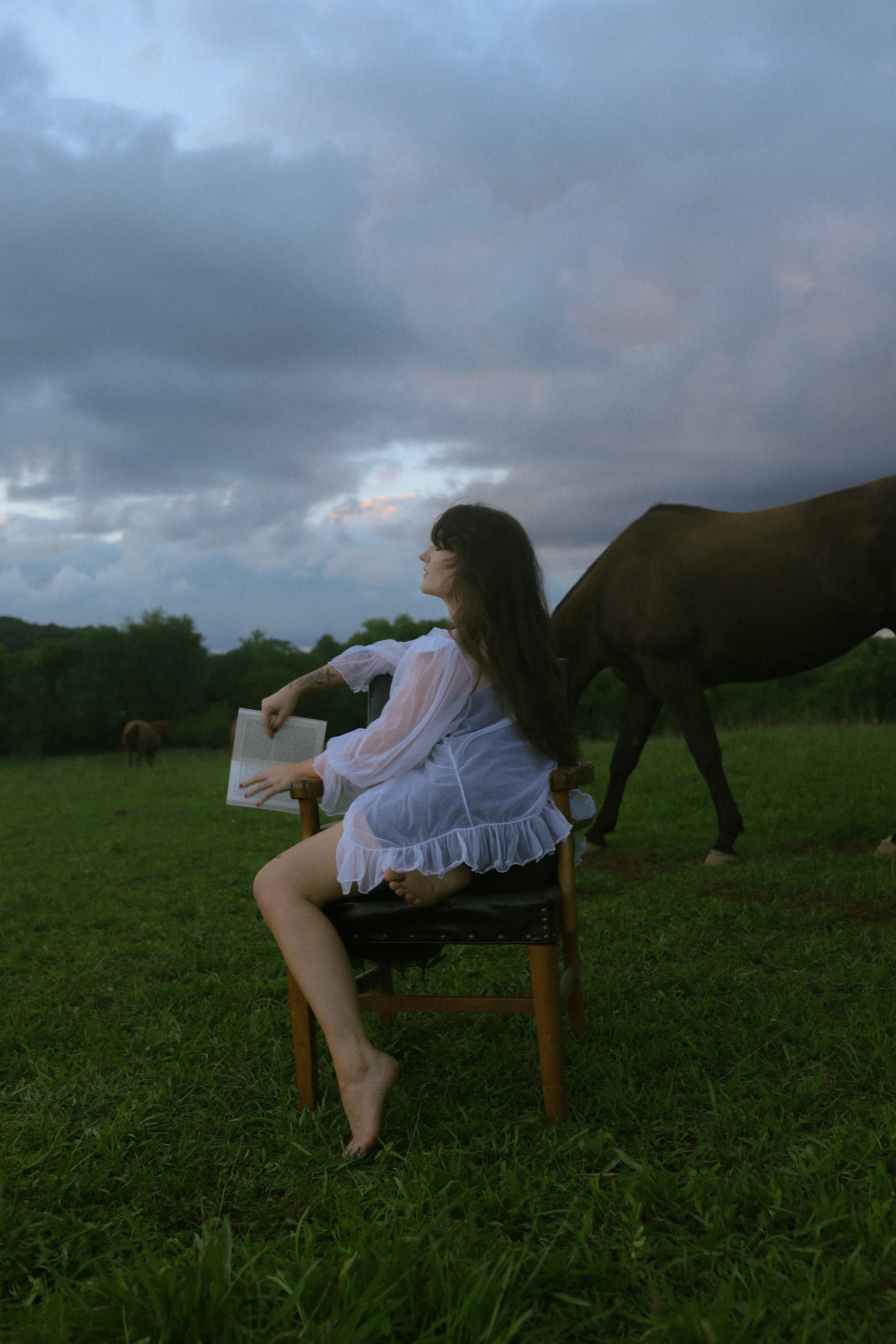 A woman in a white dress reading a book while sitting on a chair outdoors with a horse grazing nearby, under a cloudy sky.