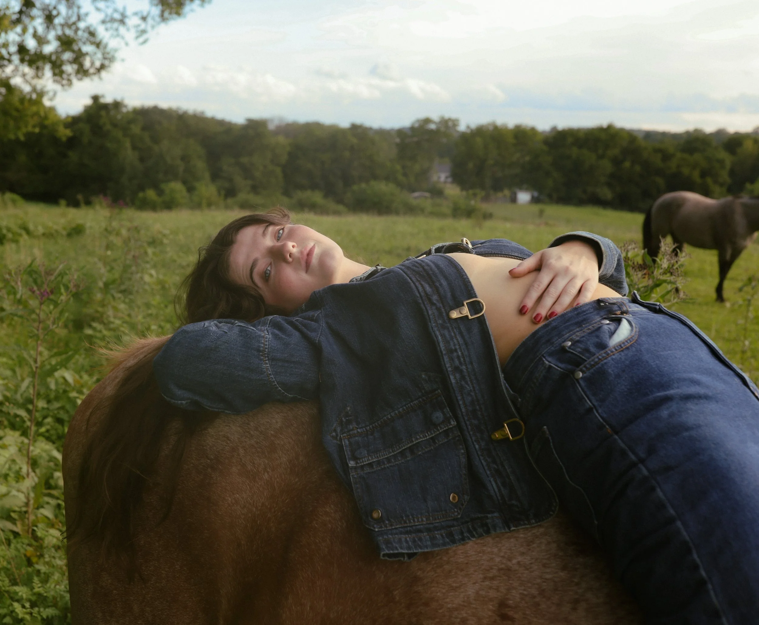 A woman lying on a horse in a green field with trees and a cloudy sky in the background.