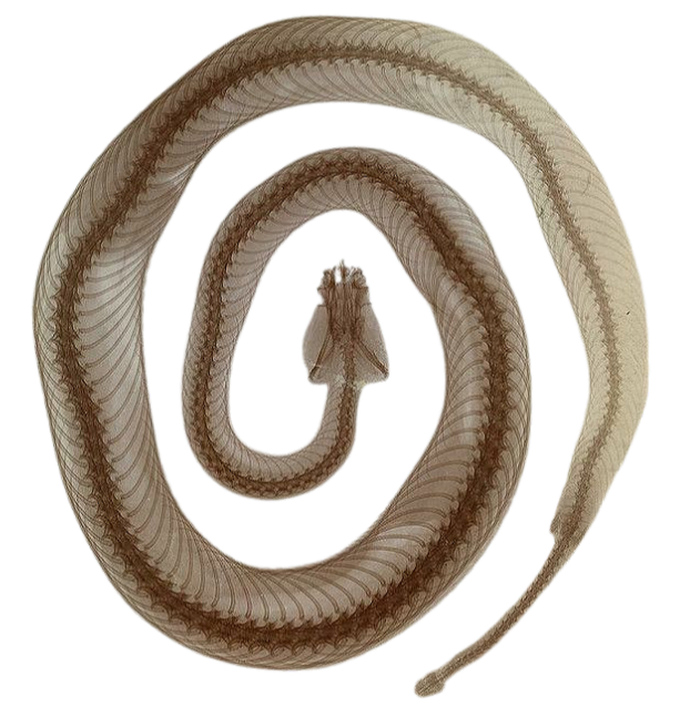 Close-up of a coiled snake with a light pattern and a visible head.
