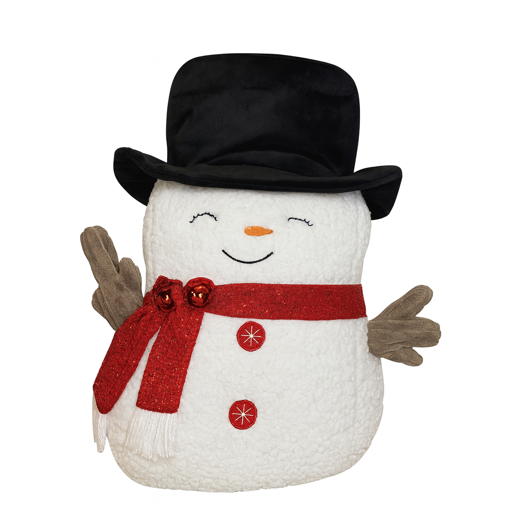 A plush snowman wearing a black top hat, with brown gloves, a red scarf, and decorated with red buttons and bells.