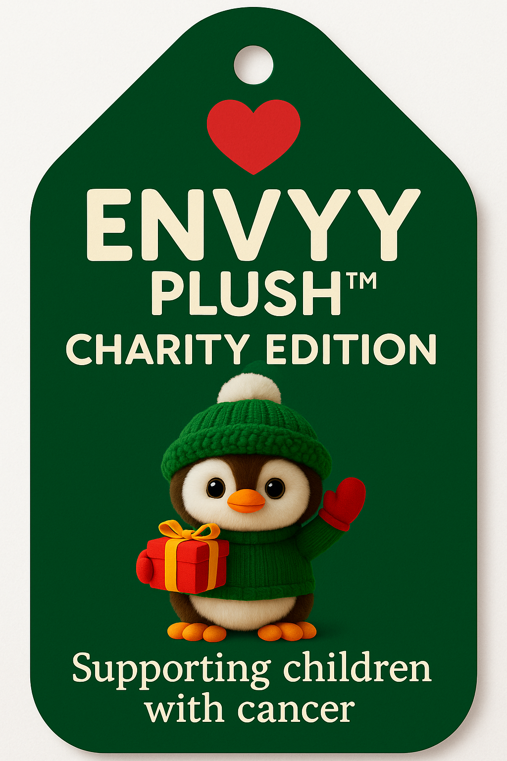 Green charity tag with a red heart, a cute penguin wearing a green knit hat, red mittens, and a green sweater, holding a wrapped gift, supporting children with cancer.