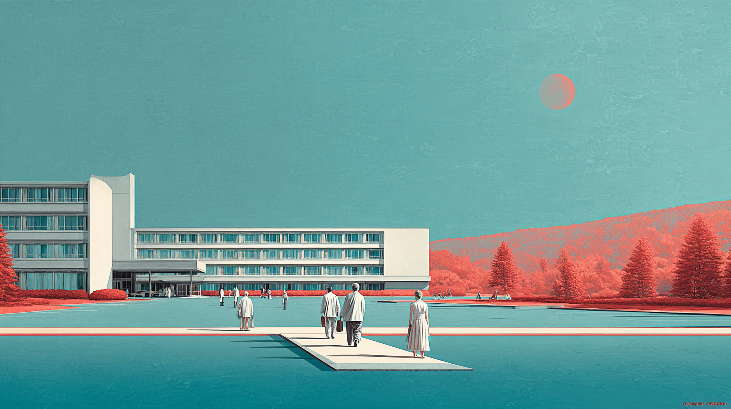 A surreal architectural scene with a modern building, a group of people walking on a pathway, and a landscape with trees and hills in shades of red and turquoise, with a large sun or moon in the sky.