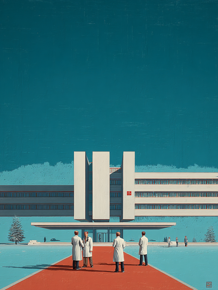 A vintage-style illustration of a hospital building with doctors standing outside on a red walkway. The building has a modernist design with tall white vertical structures and horizontal stripes, set against a bright blue sky.