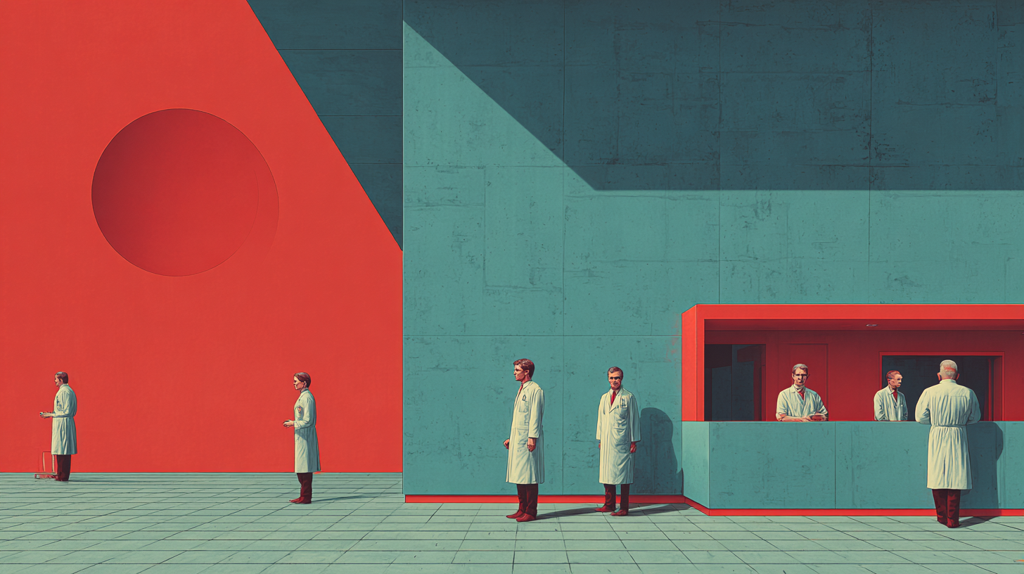 Seven medical professionals wearing white coats standing in front of a modern building with colorful architectural design. The building features large red and teal walls with geometric shapes and shadows.