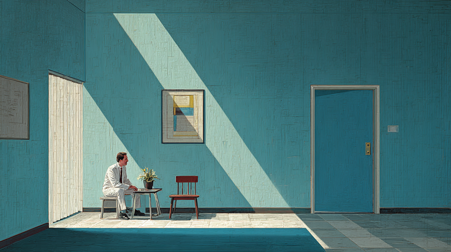 A man in a white suit sitting at a small table with a plant, in a room with a teal wall, framed artwork, a wooden chair, and a door. Sunlight creates a large diagonal shadow across the wall.