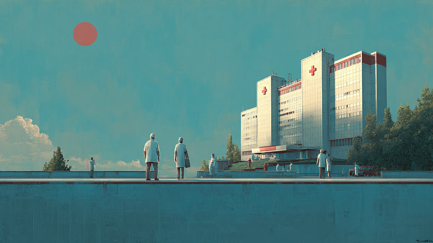 A hospital building with red cross symbols, several medical professionals in white coats walking outside on a sunny day, with a few trees and a red sun in the sky.