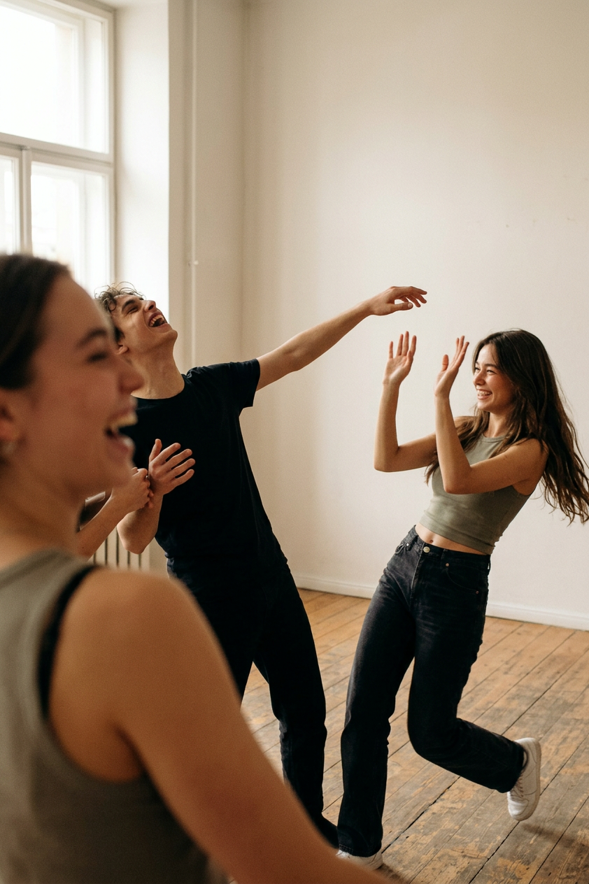 Four young women are laughing and dancing in a brightly lit room with hardwood floors.