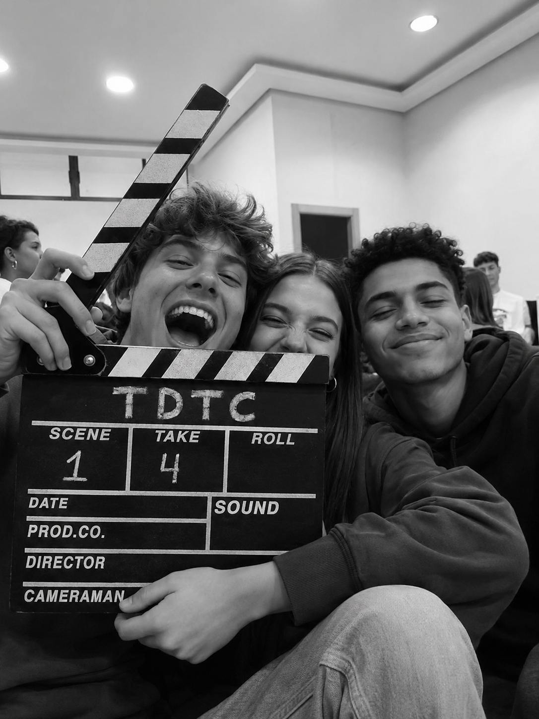 Three young people smiling and posing with a film slate that reads 'T.D.T.C' in a room with others in the background.